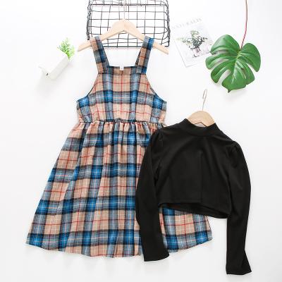 China Kids Preppy Style Plaid Top Skirt Edge Plaid Skirt Set Long Sleeve Black Skirt And Suspenders Waist for sale