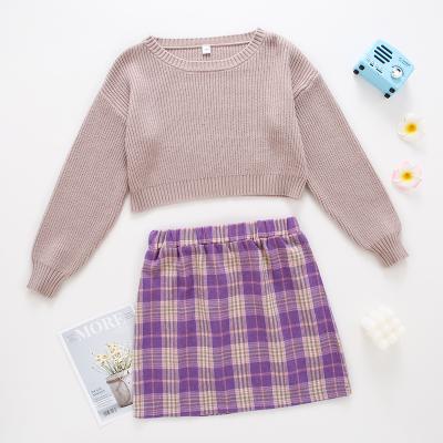 China Sweet Girls Round Neck Plaid Long Sleeve Apricot Sweater and Purple Plaid Skirt Set Spring Autumn Winter Children Skirt Set for sale