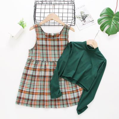 China 5-13years Kids Edge Plaid Skirt Girls Skirt Set A-Line Soft Long Sleeve Sweater Vest Plaid Green Plaid Dress Girl Set for sale