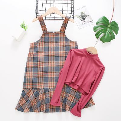 China Preppy Style Children's Girl Rose Red Blouse And Straps Lotus Edge Plaid Dress Kids Skirt One-Line Set for sale