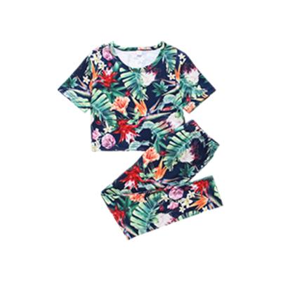 China Sporty kids set clothes girls tropical flower print short sleeve shirt pajamas and spats girls for sale