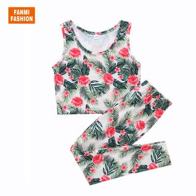 China Girls Super Soft Pajamas Sleeveless Pants Flower Printed 2 Piece Girls Clothing for sale