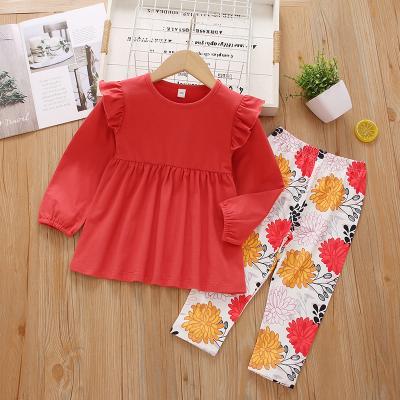 China Fashion\Comfortable\Durable Girl Clothes Girls Ruffle Trim Top and Floral Print Pants Casual Kids Clothes Set for sale