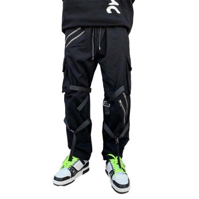 China Anti-Wrinkle High Street Men's Pants Ribbon Long Pants Autumn Zipper Multi-pocket Straight Casual Cargo Pants for sale