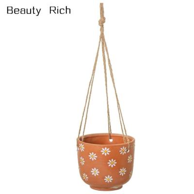 China Modern Hanging Planter Terracotta Flower Pot Basket Flower Pot Small Ceramic Hanging Daisy for sale