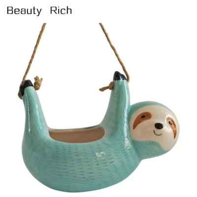 China Cartoon Flower Pot Wholesale Creative Ceramic Sloth Hanging Gray Animal Pot for sale