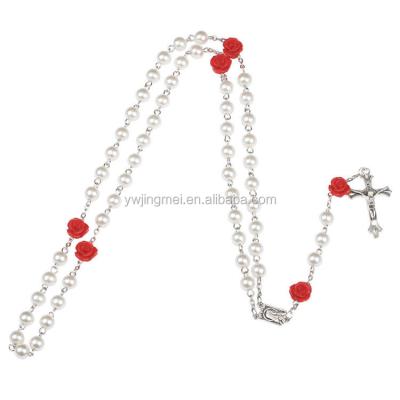 China Beautiful Glass Bead Amazon Hotsell Religious Catholic Rosary Necklace Rosary Necklace With Coral Rose Beads for sale