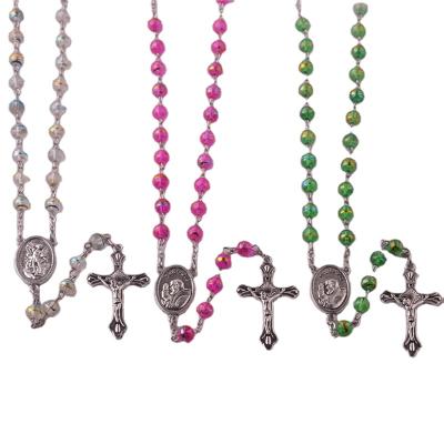 China Factory Wholesale 6mm Religious Pink Acrylic Necklace Beads Christian Catholic Rosary Crucifix Women Yiwu Rosaories Chain for sale