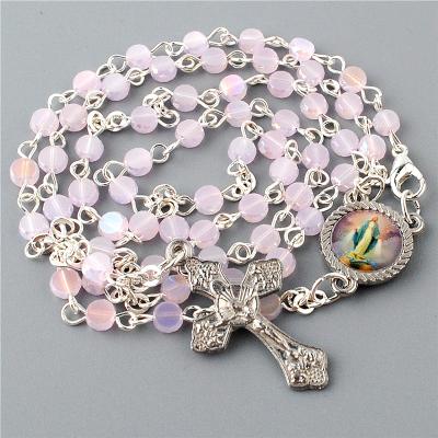 China Mini Religious Catholic Jewelry Charm Necklace 4mm Pink Color Around Beads Flat Crystal Rosary With Rose Virgin Mary Centerpiece And Crucifix for sale