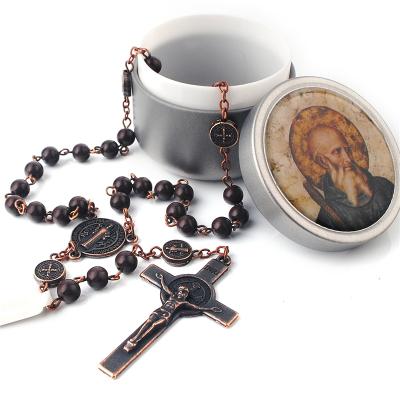 China 6mm Glass Beads Religious Catholic Religious St Benedict Medal Rosary Necklace With Crucifix Pendant For Gifts for sale