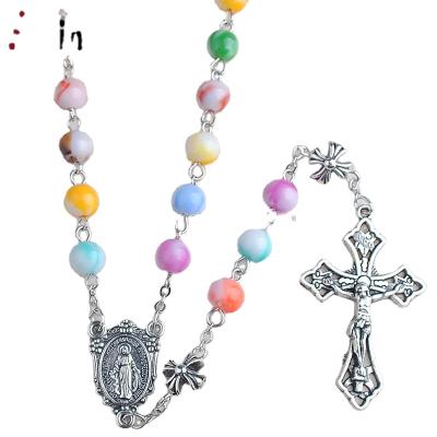 China Religious Acrylic Beads 8mm Rosary with Virgin Mary Medal and Charm Catholic Pendant Necklaces Crucifix Jewelry Religious Necklaces for sale