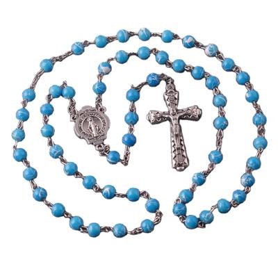 China 6mm Religious Blue Beads Acrylic Catholic Rosary Jewelry Prayer Chain Necklace With Crucifix Pendant For Gift for sale