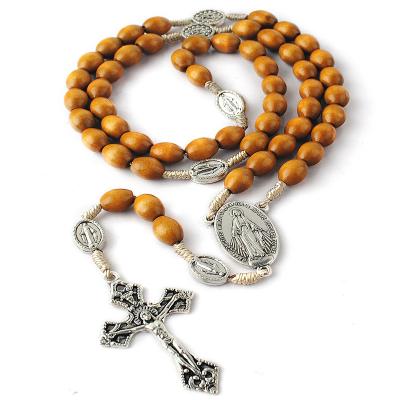 China New Arrival Light Brown Wooden Beads Rosary Religious Catholic Wooden Necklace Jewelry With Virgin Mary Our Father for sale