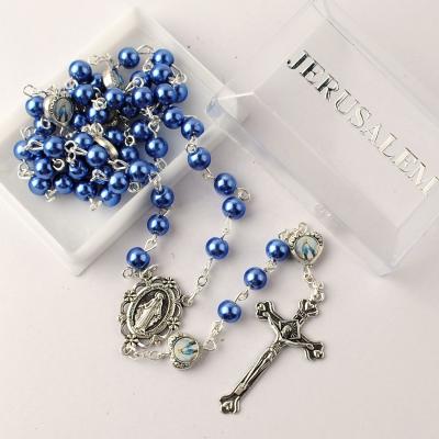 China Religious Dark Blue Beads With Heart Metal Glory Beads Holy Earth Rosary With Rectangle Plastic Box With Jerusalem Printed for sale