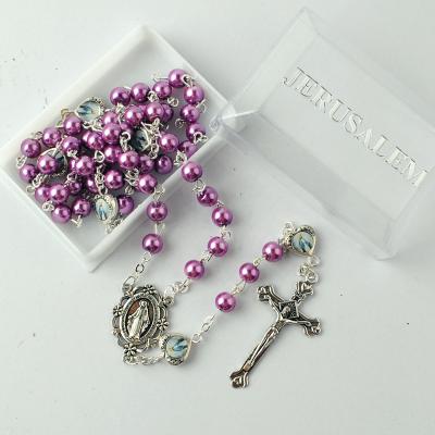 China 6mm Purple Bead Religious Beads With Heart Virgin Mary Metal Beads Catholic Rosary With Rectangle Plastic Box With Jerusalem Printed for sale