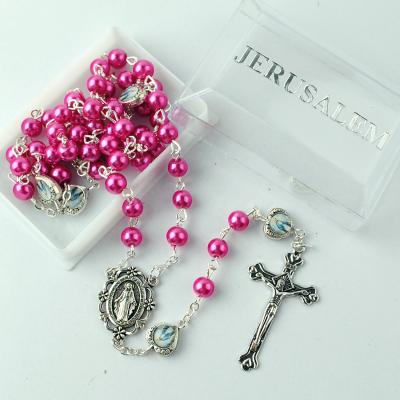 China 6mm Religious Rose Color Pearl Beads with Heart Virgin Mary Metal Beads Catholic Rosary with Rectangle Plastic Box with Jerusalem Printed for sale