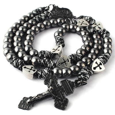 China Factory Wholesale Religious Classic Paracord Rosary Black Metal Beads Religious Necklace with St Michael Crucifix for Men for sale