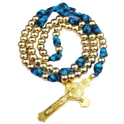 China Vintage 10mm Gold Plated Round Beads Catholic Rosary Necklace With Strong Cord With St Benedict Crucifix For Men for sale