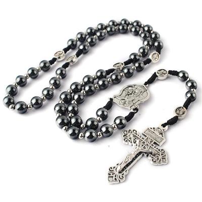 China Religious Black Rope St Michael Rosary Necklace with 8mm Hematite Beads and Stainless Steel Beads Religious Rosary Necklace for sale