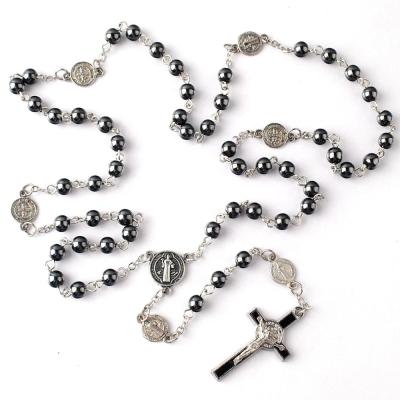 China 6mm Religious Hematite Black Round Beads Rosary With St Benedict Glory Metal Beads Catholic Rosary Jewelry Charm Pendant Necklaces For Men for sale