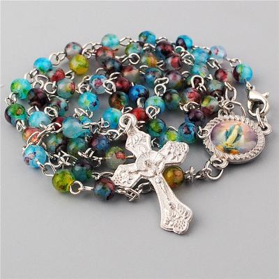 China 4mm Religious Glass Imitate Cloisonne Beads Small Rosary Catholic Necklaces with Mini Center Piece and Crucifix Pendant for sale