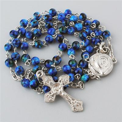 China Religious Chain Necklaces 4mm Glass Imitate Blue Mini Rosary Beads Small Cloisonne Catholic Religious Items With Lobster for sale