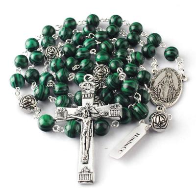 China 8mm Malachite Religious Stone With Alloy Anti-silver Plated Rose Shape Our Father Beads Rosary Necklace With Virgin Mary Medal for sale