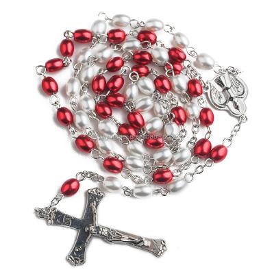 China 6*8mm Half White Half Red Glass Bead Religious Beads First Holy Communion Cup Catholic Rosary Necklace For Kids for sale