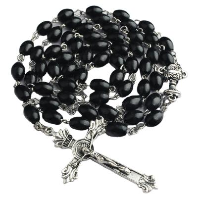 China First Communion Rosary Necklaces Jewelry 6*8mm Religious Black Color Wooden Beads with Chalice Medal and Catholic Crucifix Charm Pendant for sale