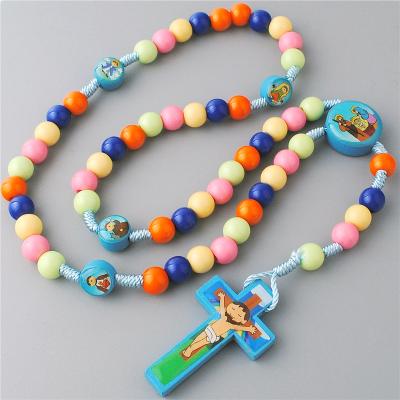 China Multi Colored Religious Blue Rosary 8mm String Beads Rosaries Gift With Wooden Cartoon Jesus Cross Catholic Religious Items For Kids for sale