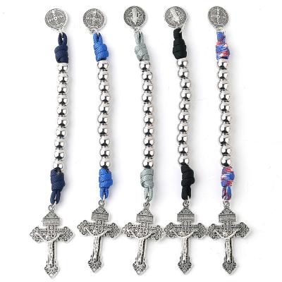 China Religious 10mm Stainless Steel Round Beads Catholic Paracord Pocket Rosary with St Benedict Medal and Pardon Crucifix for sale