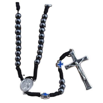 China Kingme Religious Hematite Religious Beads Tie Necklace With Medjugorje Centerpiece for sale