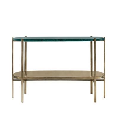 China Modern italian style gold metal stainless steel frame console table modern nordic green marble top long console table for sale