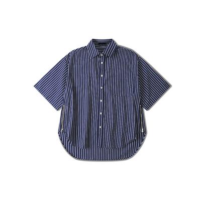 China Unique Design Lady Breathable Blouse Navy Blue Short Sleeve Dress Stripe Shirt for sale