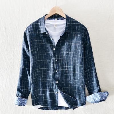 China New Autumn Men's Breathable Heavy Vintage Plain Loose Plaid Shirt for sale