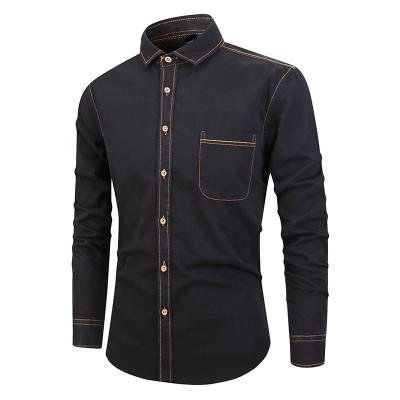 China New Men's Fashion Breathable Design Cotton Collar Stripe Cotton Long Sleeve 100% Sleeve Vintage Wash Dress Denim Shirt for sale