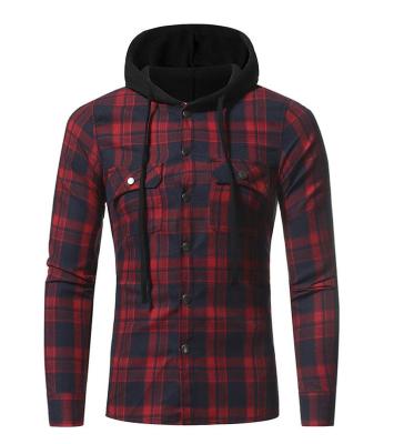 China 100% Cotton Anti-Shrink Checked Shirt Men's Two Pocket Flannel Hooded Shirt for sale