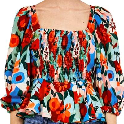 China Breathable Women's Floral Collar Chiffon Square Blouse for sale