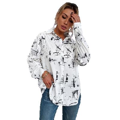 China Breathable Loose Plus-Size Women Patterned Printed Long Sleeve Lapel Shirt for sale