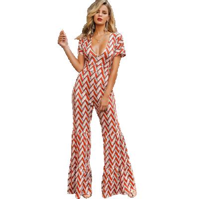 China 2021 Fall Breathable Women's Stripe V-Neck Printed Overalls for sale