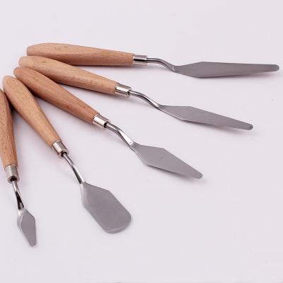 China Used for Painting or Mixing Oil and Acrylic Paint Wholesale 5Piece Handle Metal Palette Paint High Quality Wooden Knife for sale