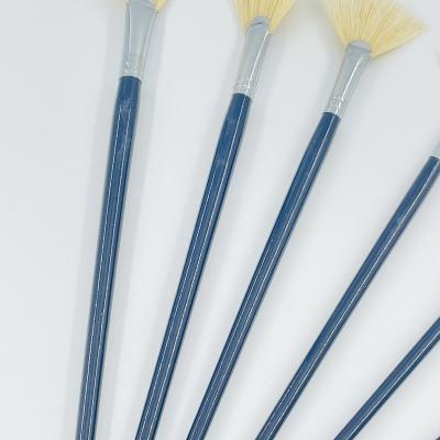 China Artist Acrylic Supplies For Calligraphy Hot Selling Blue Wooden Handle Aluminum Tube Stiffens Hair Fan Shape Artist Oil Painting Brush Set for sale