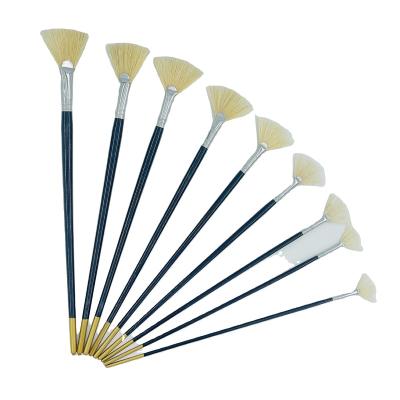 China Hot Selling 9cs Acrylic Professional Blue Wooden Handle Aluminum Tube Stiffen Hair Fan Shape Artist Oil Paint Brush Set For Acrylic Paint for sale