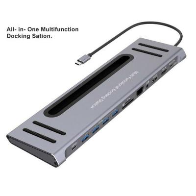 China Aluminum Alloy 12 In 1 Multi Type C Hub Laptop Docking Station HD VGA RJ45 PD USB 3.0 Adapter for sale