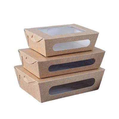 China Disposable Recyclable 350GSM Recycle Microwave Safe Brown Kraft Paper Food Lunch Packaging Box With Compartment PET Lid Salad for sale