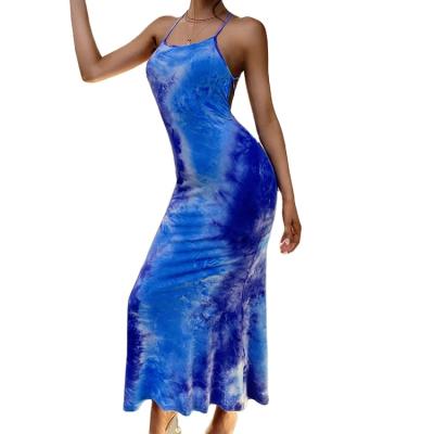 China Anti-wrinkle ladies fashion summer ladies casual long blue dress bandage tie dye backless dress for sale