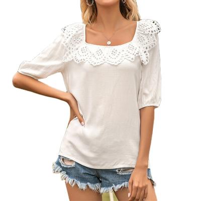 China 2022 Summer High Security Polyester Nine-Quarter Sleeve Shirt Solid Color Short Sleeve Lace White Women's High Security Polyester Shirt for sale