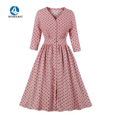 China Anti-Static Dress Medium Stretch Sleeve Polka Dot Printed Knit Polka Dot Dress For Women for sale