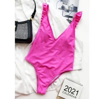 China Breathable Sexy One Piece Women Two Line Cavity Ruffle Strap Swimwear Brazilian Beach Wear Solid Color Micro Bikini for sale