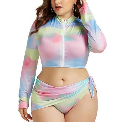 China Breathable Hot Sale Summer Plus Size Swimsuit For Women 3 Pcs Bikini Fashion Tie Dye Long Sleeve Swimwear Pool Beach Unti-UV Underwear for sale